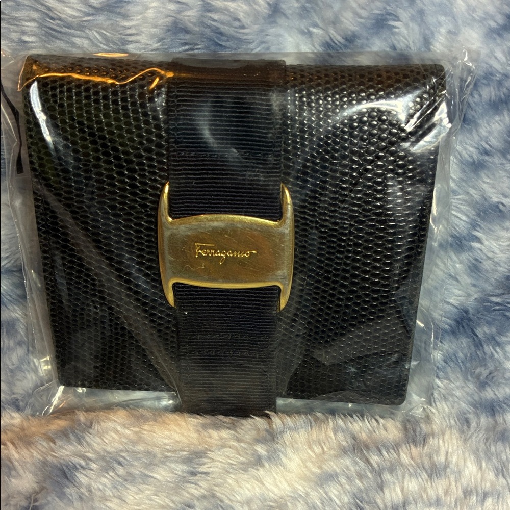 Ferragamo Black Wallet with Gold Accent Tri- Fold Leather Black w Snap Italy